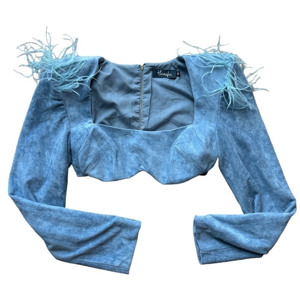 Hanifa | Hanifa Kayla Suede Cropped Top with feather shoulder Long Sleeve